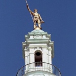 The Independent Man, which symbolizes the separation of church and state, sits atop the State House. He is 11 feet tall, weighs more than 500 pounds, and is made of bronze.