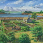 Artist rendering of the original settlement showing several of the home lots and the Great Salt Cove