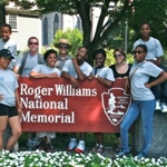 Program staff and participants in front of Roger Williams National
Memorial sign